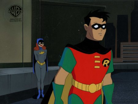 Batman The Animated Series Original Production Cel On Original Background: Robin and Batgirl Hot on Sale